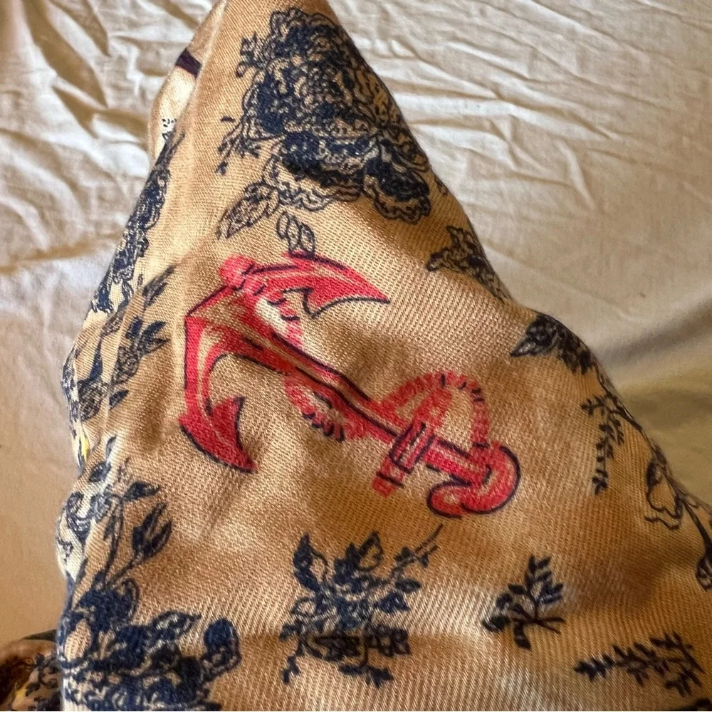 UnisexTan infinity scarf, Paris and the Eiffel Tower theme graphic with anchors.